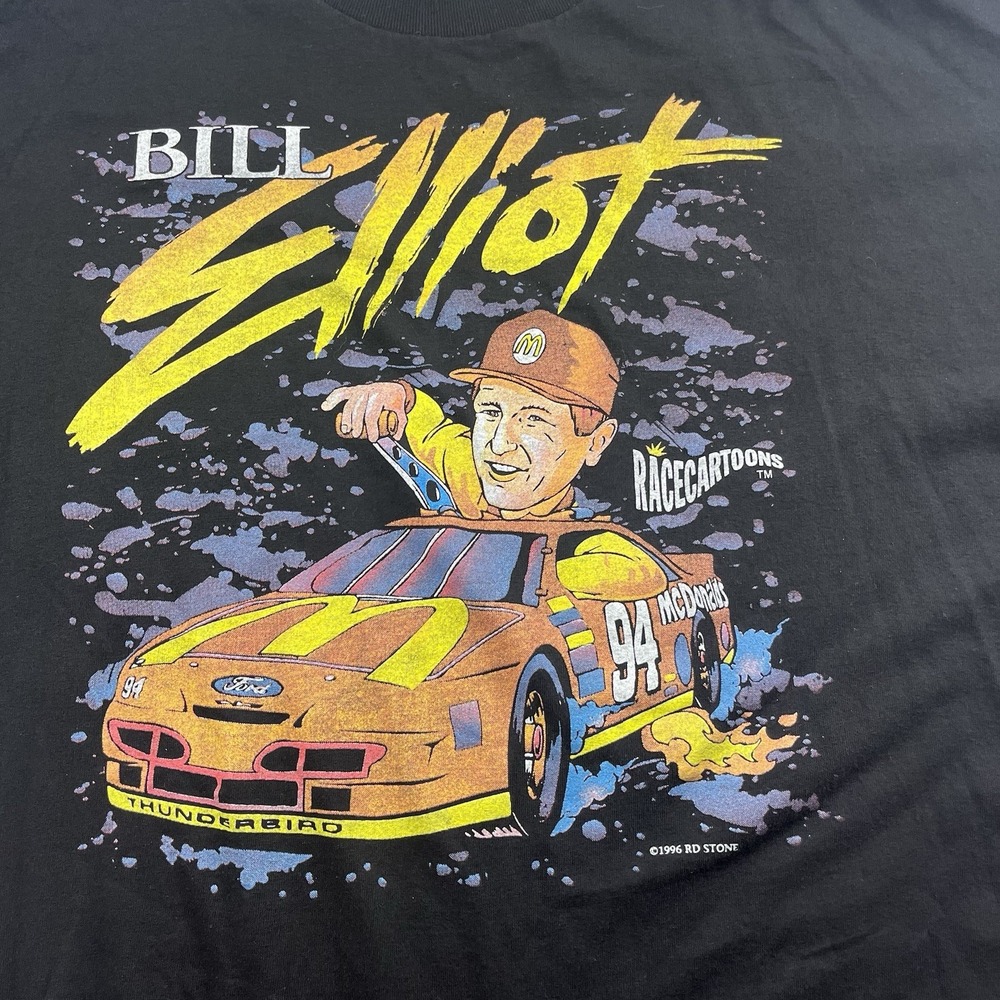 Vintage Bill Elliott NASCAR T Shirt McDonald XL Race Cartoon Thunderbird 1996